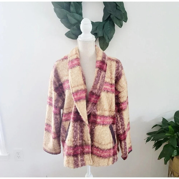 Knox Rose Plaid Faux Fur Multi Color Pink Beige Curly Unlined Jacket Coat 2X XXL - Picture 15 of 15
